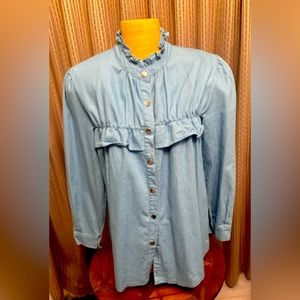 Anna-Kaci light wash denim ruffle collar shirt